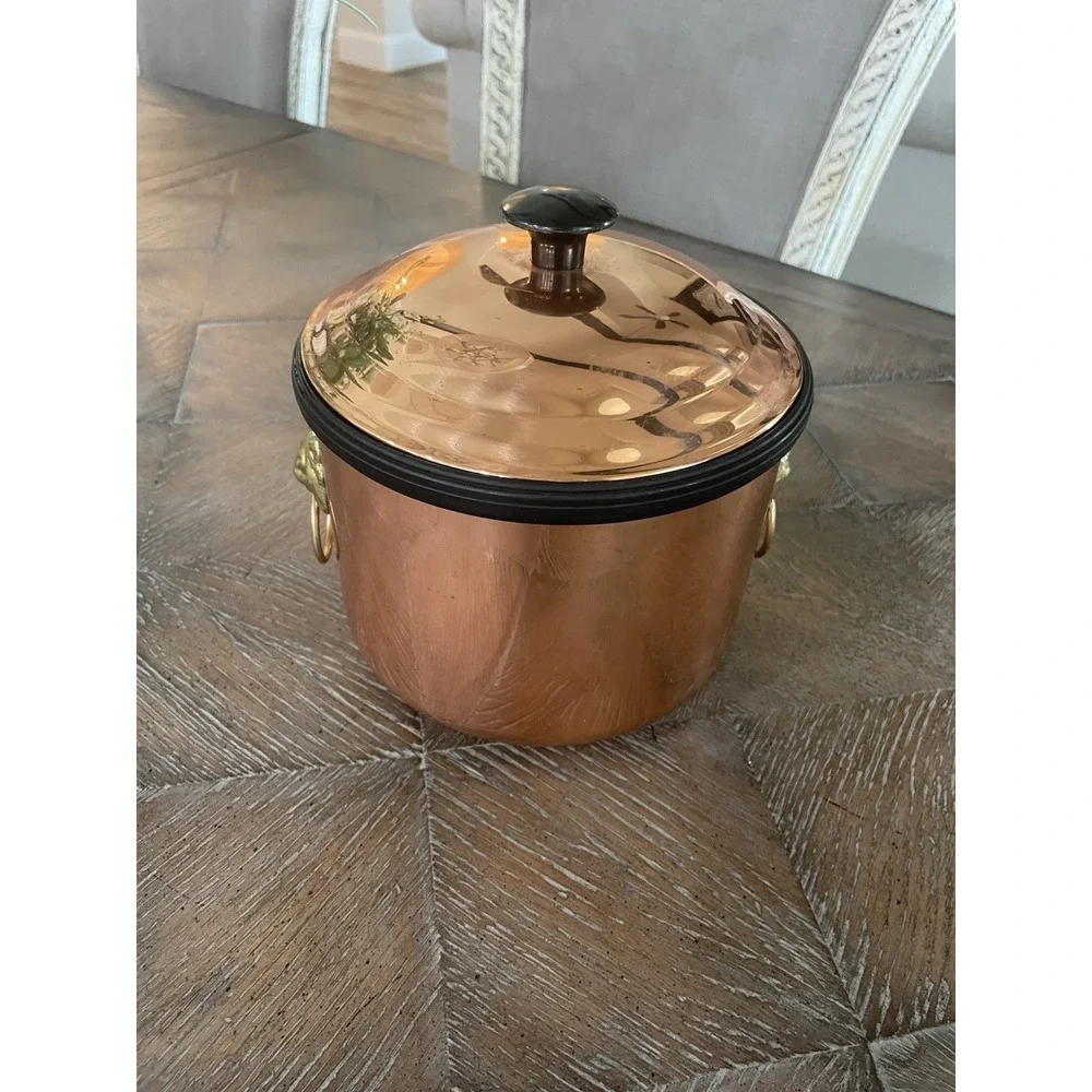 Vintage MCM Coppercraft Guild Copper Ice Bucket 2 Brass  Lion Head Handles 7x7